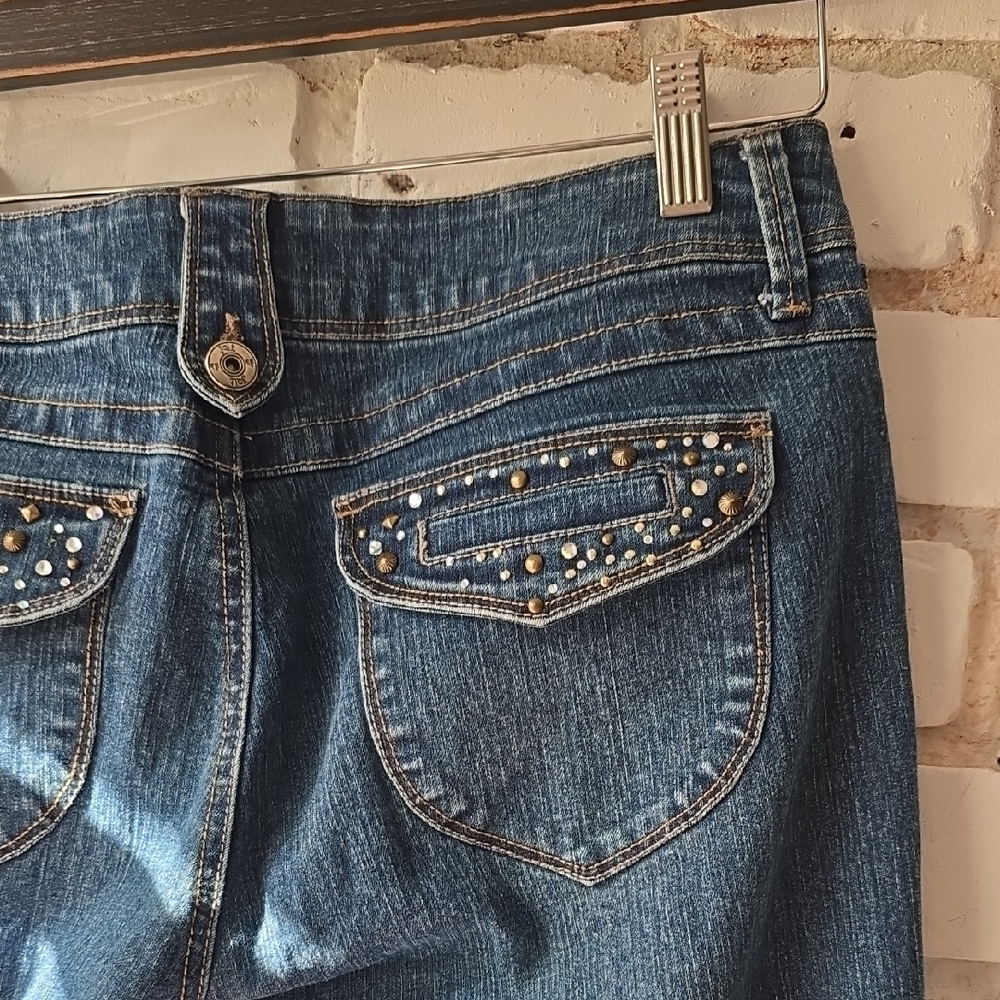 Y2K jolt Dark Blue bootleg Jeans with Studded Pockets EMBELLESHED